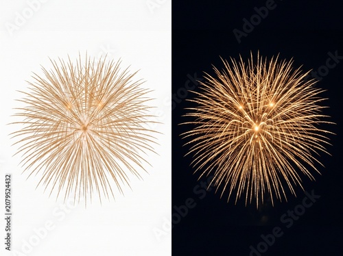 Golden firework burst displayed against split screen contrast of solid white and deep black backgrounds