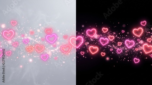 Glowing pink hearts floating with sparkling particles against split black and light gray background textures