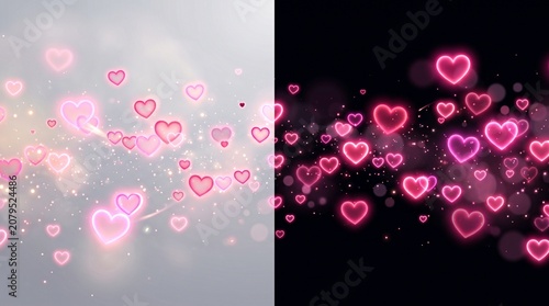 Glowing pink hearts floating against a split background of bright white and deep dark black