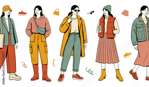 Five stylish people walking together in colorful winter coats and hats Vector