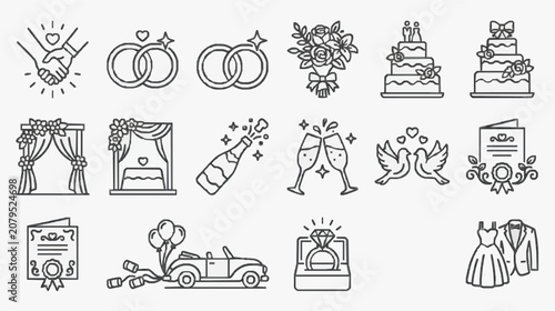 Foto Dynamic Black and White Wedding and Love Themed Icons Set for Digital Design and