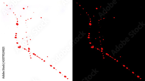 Realistic red blood splatters on white and black backgrounds, liquid paint drips and droplets, horror and forensic crime scene texture elements