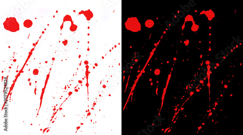 Red blood splatter on white and black background, realistic liquid splash and drips, horror aesthetic paint spray texture for graphic design
