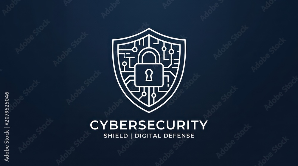 Fototapeta premium Cybersecurity shield with digital defense text and circuit board lock on dark backdrop.