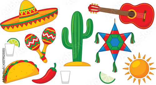 Canvas Print Cinco de Mayo mexican party vector set featuring sombrero hat guitar pinata maracas taco cactus isolated on white