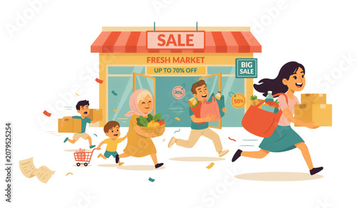 Colorful cartoon illustration of people shopping at a small grocery store with fresh produce Vector