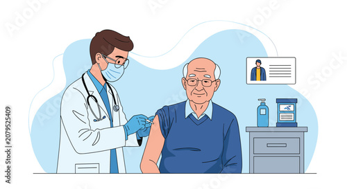 Professional doctor wearing a face mask and white coat giving a vaccine shot to a senior man in a medical office.