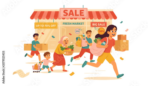 Happy family shopping and walking together during a colorful sale event Vector