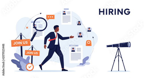 Professional recruiter walking through various hiring icons including a magnifying glass and resumes toward a telescope.