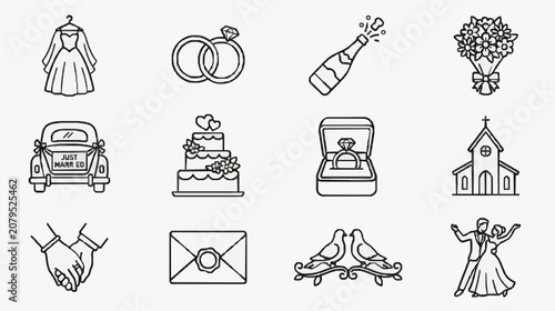 Obraz na plátně Sleek Black and White Wedding Themed Icons Set Featuring Bridal Gown Rings Champ