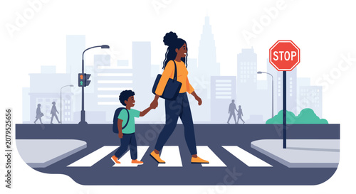 African american mother holding her young son's hand while crossing a street at a zebra crosswalk in a busy urban city environment.