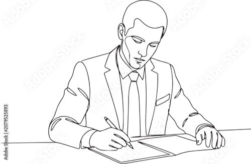 Continuous line drawing of focused businessman signing corporate contract at