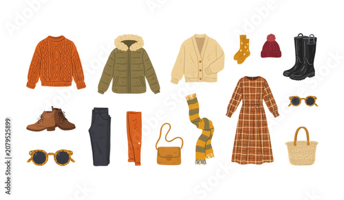 Assorted colorful winter clothing and accessories set on flat surface Vector