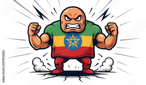 Strong cartoon character flexing muscular arms with determined expression Vector