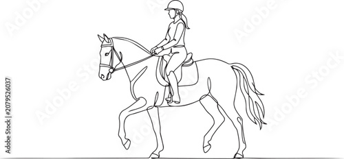 Tableau sur toile Continuous line drawing of a woman riding a horse equestrian sport vector