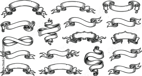 Konstfotografi Antique horizontal ribbon scroll banner vector collection with woodcut engraving
