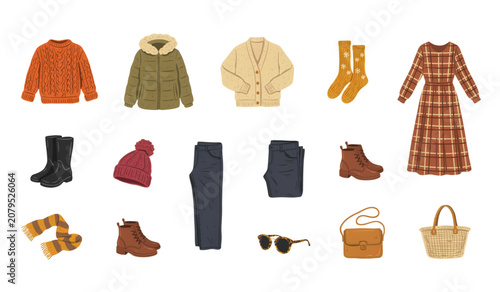 Colorful collection of flat style clothing and accessories icons Vector