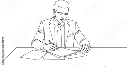 Continuous line drawing of businessman working at office desk and signing contract documents