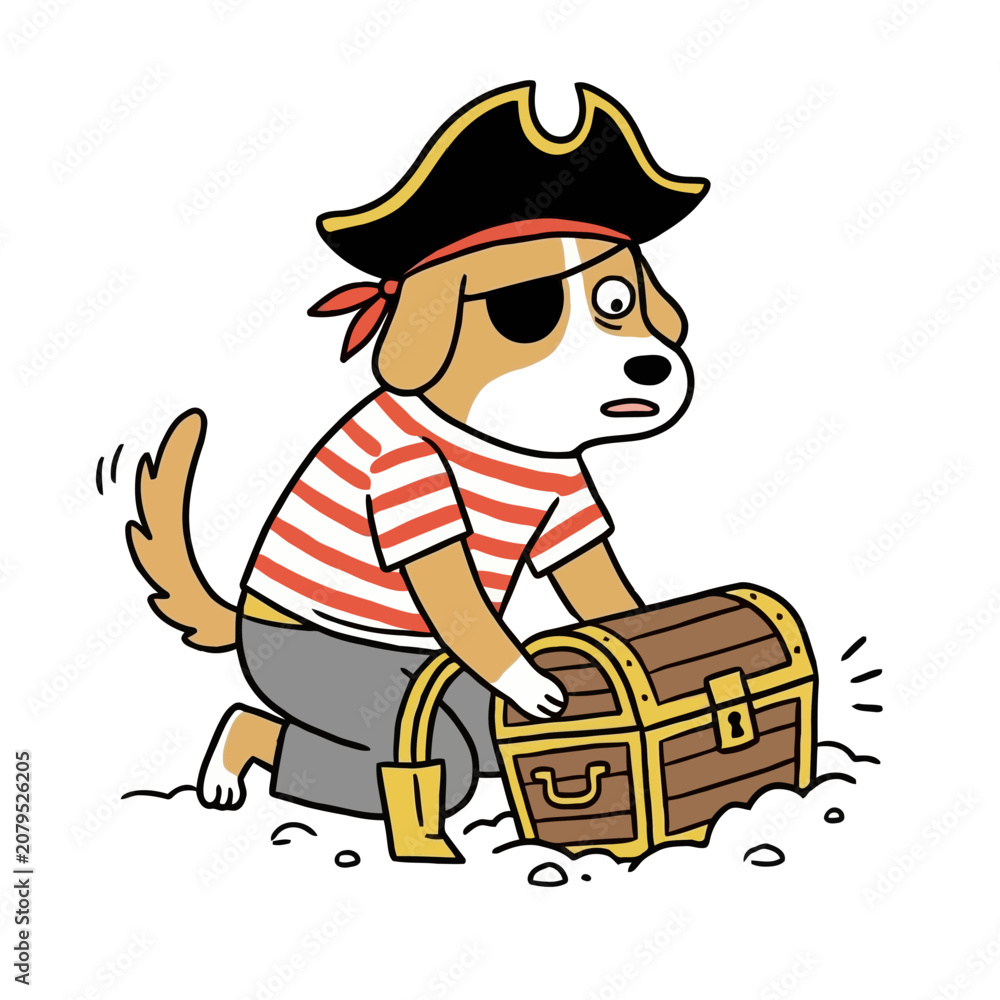 Obraz premium Cute beagle dog pirate wearing hat and eye patch digging up buried wooden treasure chest.