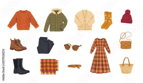 Colorful collection of winter clothing and accessories isolated Vector