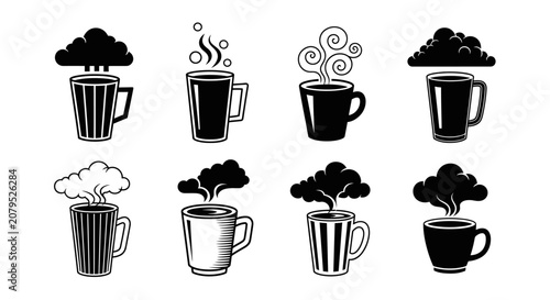 Various black and white hot beverage icons with creative steam and cloud shapes in a graphic style