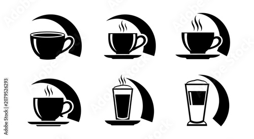 Set of six coffee icons illustrating brewing progress with steam, including various cups and glasses, some with visible liquid levels