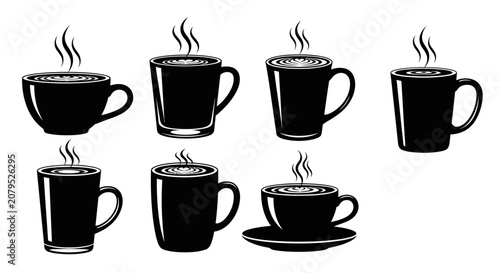 Collection of black hot coffee mugs with steam on white background vector illustration for cafe design elements