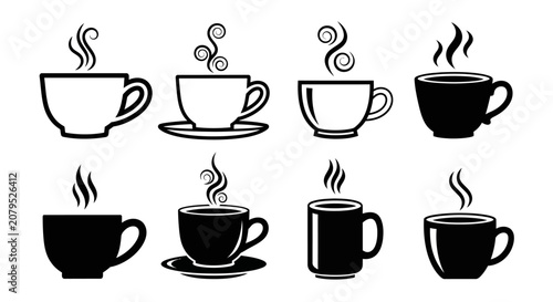Assortment of steaming coffee cups and mugs in outline and solid black styles, featuring elegant steam trails