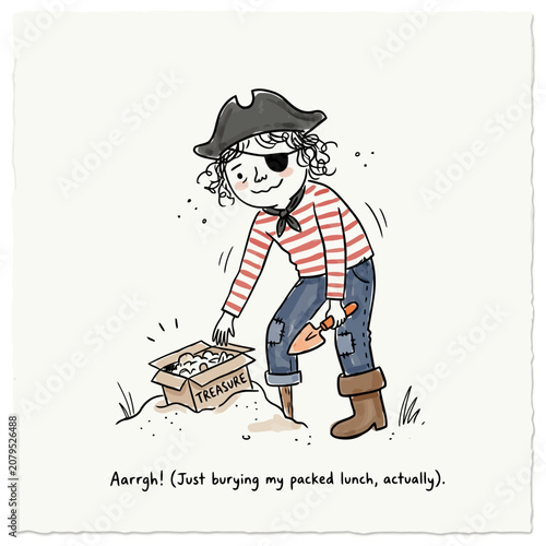 Obraz na plátně Funny hand drawn cartoon of a pirate burying a box labeled treasure in sand