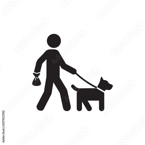 Black silhouette icon of a person walking a dog and holding a pet waste bag in their hand