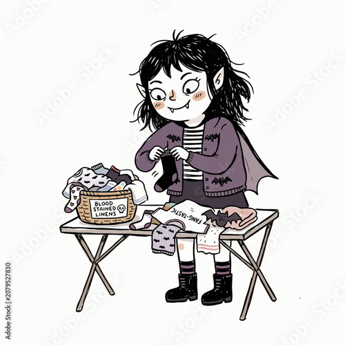 Bild auf Leinwand Cute vampire character sorting laundry and folding socks on wooden table
