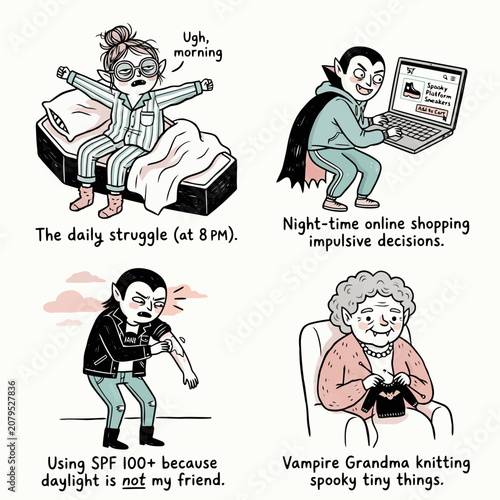 Foto Set of four humorous scenes featuring vampire character in daily life activities