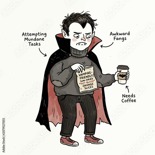 Foto Illustration of tired vampire character attempting mundane daily human tasks with coffee