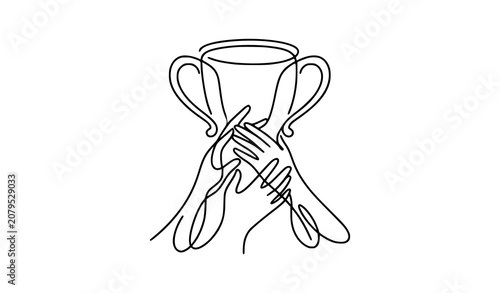 Modern Continuous Line Drawing Winner Trophy with Raised Hands Achievement Vector