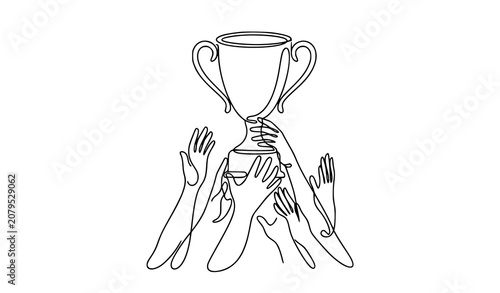 Single Continuous Line Drawing of Trophy Held by Many Hands Victory Vector