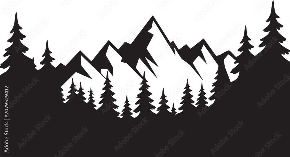 Fototapeta premium Mountain Range Silhouette With Pine Trees On White Background