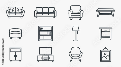 Fotografie Sleek Minimalist Black and White Line Drawing Icons of Modern Living Room Furnit