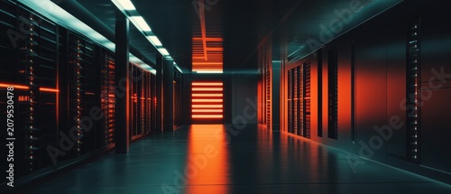Futuristic server room corridor with red and teal lighting