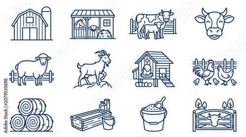 Farm Animal Icons: Barn, Silo, Cow, Sheep, Goat, Chicken, Rooster, Hay Bales, Pail