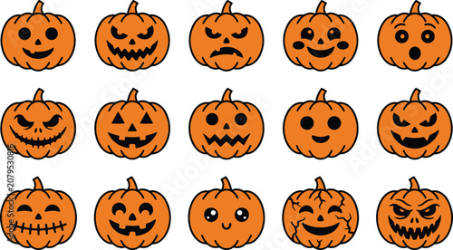 Set of funny and scary halloween pumpkin faces with different expressions.