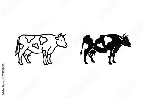 Cow line art and silhouette vector illustration