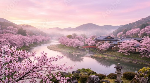 Sakura Serenity in Japan: A tranquil river winds through a valley adorned with blooming cherry blossoms.