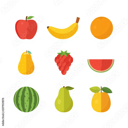 Collection of Minimalist Fruit Icons: Apple, Banana, Watermelon, Pear, Orange
