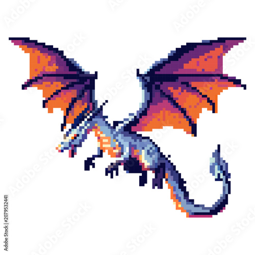A dragon flies with its wings spread wide in a pixel art style. The creature has bright colors and seems ready for an adventure in a fantasy world
