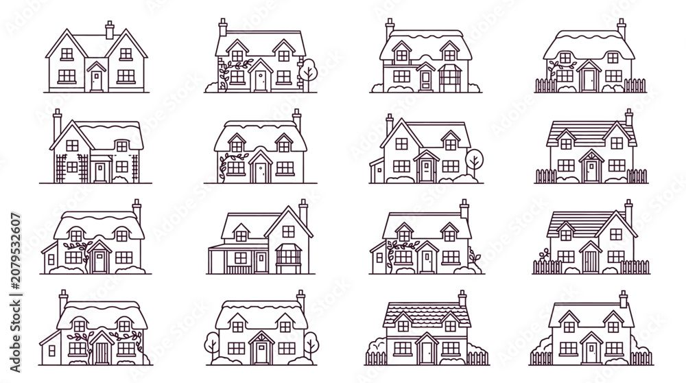 Obraz premium Collection of charming cottage house illustrations, diverse architectural styles, line art, real estate concept