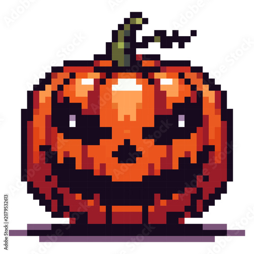 A pumpkin sits on a flat surface, featuring a carved spooky face. The pumpkin has a green stem and a bright orange color. It is designed in pixel art style for Halloween