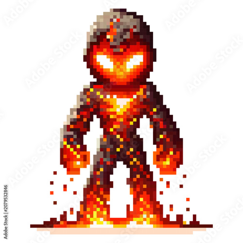 A character made of lava stands strong with glowing eyes. The ground around is hot with sparks flying. This scene looks like it is from a video game, filled with action