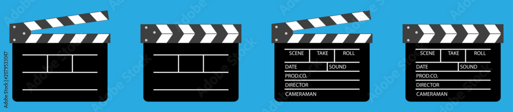 Fototapeta premium Flat vector set of black clapper board icons with open and closed slate design in blank and labeled style. Ideal for filmmaking, cinema, video production, editing, studio, media, and creative project.