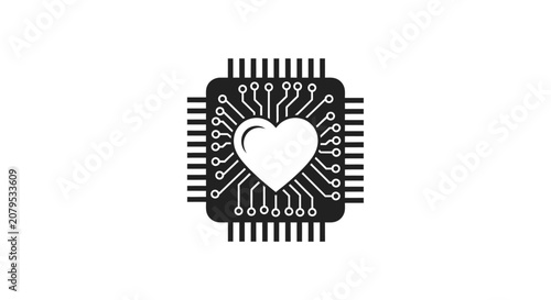 Digital heart icon inside a computer microchip processor.