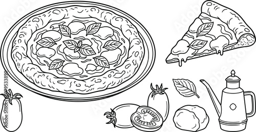 Bild auf Leinwand Italian Margherita Pizza Vector Illustration Set with Whole Pie, Slice, Fresh To
